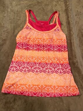 Danskin Pink and Orange Patterned Tank with Built-in Shelf Bra